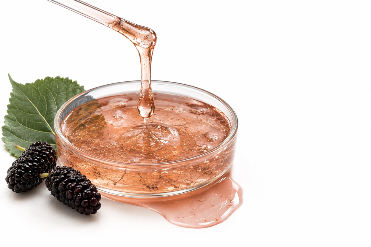 Gel viscoso e translúcido de mucilagem de amoreira-negra a escorrer de uma vareta de vidro para dentro de uma placa de Petri.