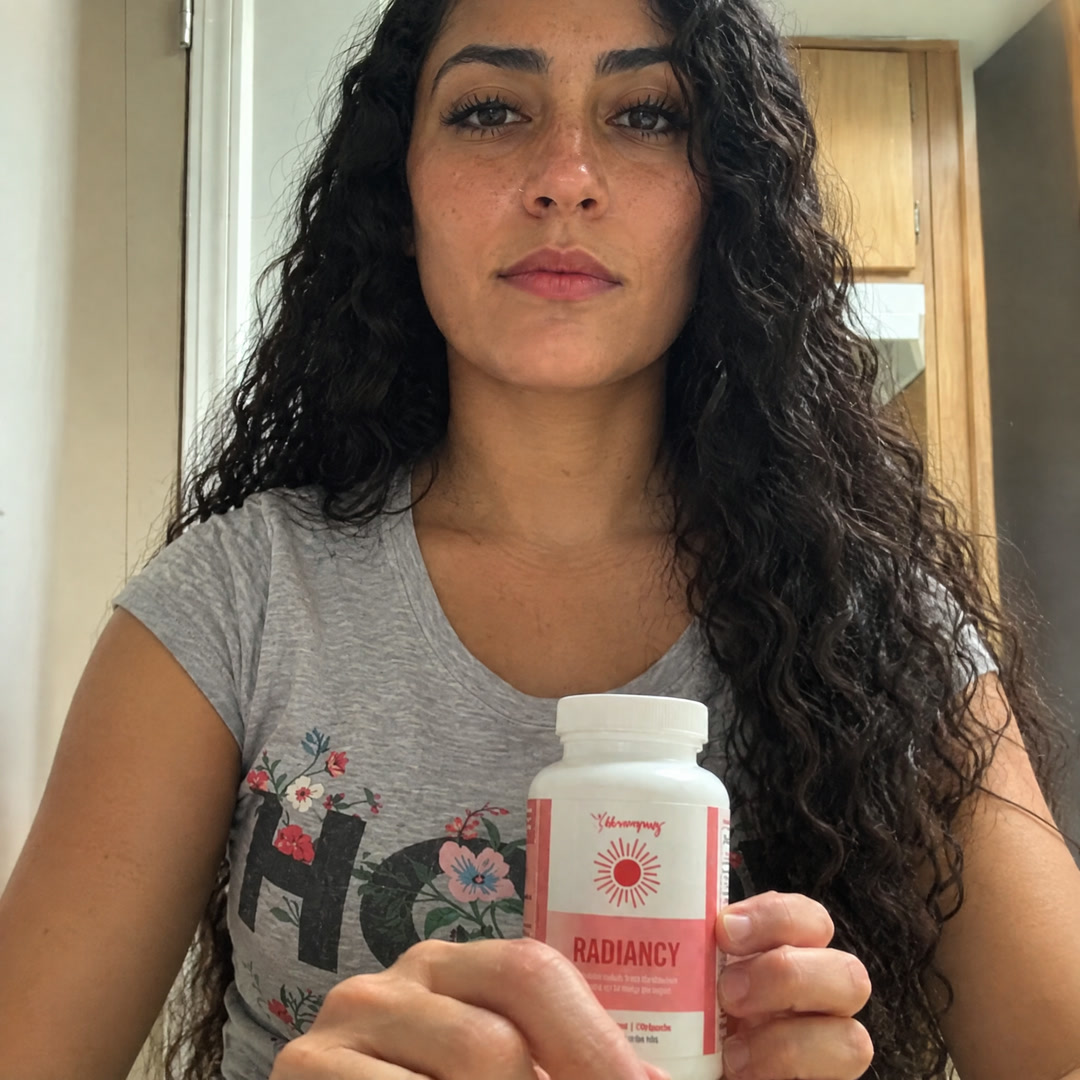 Mulher de cabelo comprido escuro a segurar um frasco branco com rótulo cor-de-rosa onde se lê "RADIANCY".